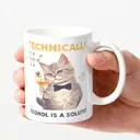 Alphynix 1pc 11oz White Mug with "TECHNICALLY ALCOHOL IS A SOLUTION" Chemistry Pun & Tuxedo Cat Illustration, Scientific Humor Christmas or Thanksgiving Gift image 2