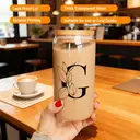 Alphynix 1pc Modern Glass Cup, 500ml Tall Iced Coffee Glass with Monogram "G" Design, Bamboo Lid & Straw, Cold Drink Tumbler for Iced Tea, Juice, Boba image 3