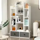 COSTWAY 12-Tier Wooden Bookshelf with Folding Drawer for Study Living Room, White image 1