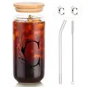 Alphynix 1pc Modern Glass Cup, 500ml Tall Iced Coffee Glass with Monogram "C" Design, Bamboo Lid & Straw, Cold Drink Tumbler for Iced Tea, Juice, Boba image 1