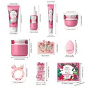 Quiyum Kit de soins à la rose musquée (9 pièces) - Nettoyant visage 50 g, Sérum 30 ml, Crème contour des yeux 20 g, Crème pour le visage 50 g, Crème anti-couches 30 g, avec pinces à cheveux, bandeau pour cheveux, éponge pour le visage, cadeau pour la Fête des Femmes image 2