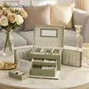 SONGMICSHOME Boîte de rangement pour bijoux à 3 niveaux, organisateur verrouillable avec poignée et 2 tiroirs, cadeau pour femme, usage voyage, vert image 3