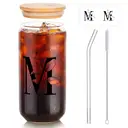 Alphynix 1pc Modern Glass Cup, 500ml Tall Iced Coffee Glass with Monogram "M" Design, Bamboo Lid & Straw, Cold Drink Tumbler for Iced Tea, Juice, Boba image 1