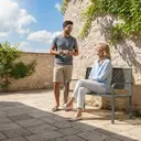 Banc d'extérieur en métal Outsunny, banc 2 places avec dossier géométrique antirouille et accoudoirs, siège de patio pour balcon, terrasse, parc, gris foncé image 8