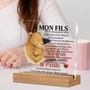 Alphynix 1 pc plaque mère-fils française, "MON FILS" cadeau en acrylique avec motif lionne et lionceau, présente des citations en lettres rouges "SI J'AVAIS...JE T'AIME" sur un socle en bois, souvenirs émotionnels de relations à distance image 3