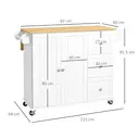 HOMCOM Kitchen Island with Drop Leaf, Rolling Kitchen Storage Trolley on Wheels with 3 Drawers, Spice Rack and Towel Rack, Storage Cart with Rubber Wood Top, White image 2