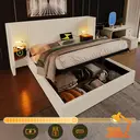 Lit rembourré double 160×200 avec table de chevet, lampe de lecture et fonction de charge USB Type-C. Beige-blanc, tissu en v image 1