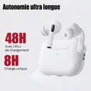 Dpower K6202 Écouteurs Bluetooth 5.3-Intra-Auriculaires, 48H d'Autonomie, Charge Sans Fil, Audio Spatial, Latence Gaming Ultra-Faible, Dragonne Détachable, Blanc image 1