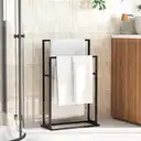 2-Tier Single-Rod Standing Towel Organizer Black Metal Freestanding Rack Double-Layer Holder for Bath Linens & Blankets image 2