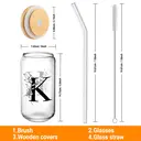 Alphynix 1pc Modern Glass Cup, 500ml Tall Iced Coffee Glass with Monogram "K" Design, Bamboo Lid & Straw, Cold Drink Tumbler for Iced Tea, Juice, Boba image 5