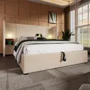 Lit rembourré double 160×200 avec table de chevet, lampe de lecture et fonction de charge USB Type-C. Beige-blanc, tissu en v image 2