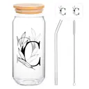 Alphynix 1pc Modern Glass Cup, 500ml Tall Iced Coffee Glass with Monogram "C" Design, Bamboo Lid & Straw, Cold Drink Tumbler for Iced Tea, Juice, Boba image 0