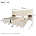 Lit rembourré double 160×200 avec table de chevet, lampe de lecture et fonction de charge USB Type-C. Beige-blanc, tissu en v image 3