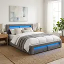 URBAN MEUBLE Lit coffre capitonné en velours 180 x 200 cm, Levage hydraulique, Éclairage LED, Ports USB et USB-C, Tête de lit incurvée, Gris, Format très grand lit image 4