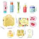 QUIYUM Fruit Skincare Set (14pcs): Includes Cleanser 100g, Toner 160ml, Eye Cream 20g, Serum 30ml, Cream 50g, Eye Masks 6g×3, Lip Masks 6g×3, plus a Headband, Makeup Mirror, and a 14-inch Cartoon Yellow Travel Case. image 2