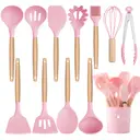 MEOKY Ensemble de 12 ustensiles de cuisine en silicone avec petit porte-objets - Rose image 1