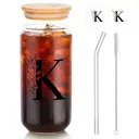 Alphynix 1pc Modern Glass Cup, 500ml Tall Iced Coffee Glass with Monogram "K" Design, Bamboo Lid & Straw, Cold Drink Tumbler for Iced Tea, Juice, Boba image 1