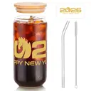 Alphynix 1pc Chinese New Year Glass, 500ml Iced Drink Tumbler with Zodiac Horse Pattern, Golden "HAPPY NEW YEAR" Message, Complete with Bamboo Lid for Cold Beverages image 1