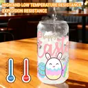 Alphynix 1pc Happy Easter Glass Tumbler, 500ml Clear Cup with Pink "Happy Easte" Text and Cute Bunny Egg Design, Includes Wood Lid & Glass Straw, Easter Holiday Gift image 4