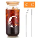 Alphynix 1pc Modern Glass Cup, 500ml Tall Iced Coffee Glass with Monogram "C" Design, Bamboo Lid & Straw, Cold Drink Tumbler for Iced Tea, Juice, Boba image 0