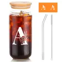 Alphynix 1pc Modern Glass Cup, 500ml Tall Iced Coffee Glass with Monogram "A" Design, Bamboo Lid & Straw, Cold Drink Tumbler for Iced Tea, Juice, Boba image 0