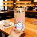 Alphynix 1pc Happy Easter Glass Tumbler, 500ml Clear Cup with Pink "Happy Easte" Text and Cute Bunny Egg Design, Includes Wood Lid & Glass Straw, Easter Holiday Gift image 3