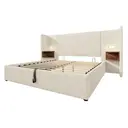 Lit rembourré double 160×200 avec table de chevet, lampe de lecture et fonction de charge USB Type-C. Beige-blanc, tissu en v image 0