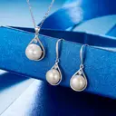 Ever Faith Cubic Zirconia and Freshwater Pearl Teardrop Pendant Necklace and Dangle Hook Earrings Set image 3