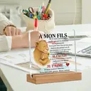 Alphynix 1 pc plaque mère-fils française, "MON FILS" cadeau en acrylique avec motif lionne et lionceau, présente des citations en lettres rouges "SI J'AVAIS...JE T'AIME" sur un socle en bois, souvenirs émotionnels de relations à distance image 4