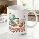 Alphynix 1pc 11oz White Mug with "TEACHERS Change The World" Quote and Educational Icons, Inspirational Christmas or Thanksgiving Appreciation Gift image 1