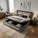 URBAN MEUBLE Lit coffre capitonné en velours 180 x 200 cm, Levage hydraulique, Éclairage LED, Ports USB et USB-C, Tête de lit incurvée, Gris, Format très grand lit image 2