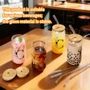 Alphynix 1pc Modern Glass Cup, 500ml Tall Iced Coffee Glass with Monogram "C" Design, Bamboo Lid & Straw, Cold Drink Tumbler for Iced Tea, Juice, Boba image 2