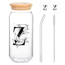 Alphynix 1pc Modern Glass Cup, 500ml Tall Iced Coffee Glass with Monogram "Z" Design, Bamboo Lid & Straw, Cold Drink Tumbler for Iced Tea, Juice, Boba image 0