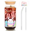 Alphynix 1pc Happy Easter Glass Tumbler, 500ml Clear Cup with Pink "Happy Easte" Text and Cute Bunny Egg Design, Includes Wood Lid & Glass Straw, Easter Holiday Gift image 1
