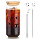 Alphynix 1pc Modern Glass Cup, 500ml Tall Iced Coffee Glass with Monogram "G" Design, Bamboo Lid & Straw, Cold Drink Tumbler for Iced Tea, Juice, Boba image 1
