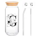 Alphynix 1pc Modern Glass Cup, 500ml Tall Iced Coffee Glass with Monogram "G" Design, Bamboo Lid & Straw, Cold Drink Tumbler for Iced Tea, Juice, Boba image 0