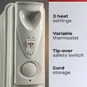 DAEWOO 2500W Oil Filled Radiator – Adjustable Thermostat, 3 Heat Settings, Portable Design – Light Grey image 3