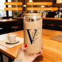 Alphynix 1pc Modern Glass Cup, 500ml Tall Iced Coffee Glass with Monogram "V" Design, Bamboo Lid & Straw, Cold Drink Tumbler for Iced Tea, Juice, Boba image 3