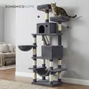 SONGMICS Arbre à chat avec 13 poteaux à griffer, 1 rampe, 2 perchoirs, 2 niches, panier, hamac, pompons, gris foncé - 168 cm image 3