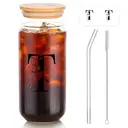 Alphynix 1pc Modern Glass Cup, 500ml Tall Iced Coffee Glass with Monogram "T" Design, Bamboo Lid & Straw, Cold Drink Tumbler for Iced Tea, Juice, Boba image 1