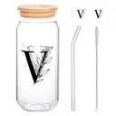 Alphynix 1pc Modern Glass Cup, 500ml Tall Iced Coffee Glass with Monogram "V" Design, Bamboo Lid & Straw, Cold Drink Tumbler for Iced Tea, Juice, Boba image 0