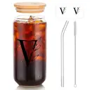 Alphynix 1pc Modern Glass Cup, 500ml Tall Iced Coffee Glass with Monogram "V" Design, Bamboo Lid & Straw, Cold Drink Tumbler for Iced Tea, Juice, Boba image 1