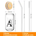 Alphynix Gobelet en verre avec couvercle en bambou et paille 500 ml - Lettre A noire image 5