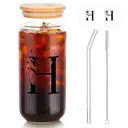 Alphynix 1pc Modern Glass Cup, 500ml Tall Iced Coffee Glass with Monogram "H" Design, Bamboo Lid & Straw, Cold Drink Tumbler for Iced Tea, Juice, Boba image 1