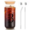 Alphynix 1pc Modern Glass Cup, 500ml Tall Iced Coffee Glass with Monogram "B" Design, Bamboo Lid & Straw, Cold Drink Tumbler for Iced Tea, Juice, Boba image 1