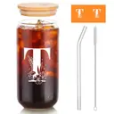 Alphynix 1pc Modern Glass Cup, 500ml Tall Iced Coffee Glass with Monogram "T" Design, Bamboo Lid & Straw, Cold Drink Tumbler for Iced Tea, Juice, Boba image 0