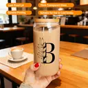 Alphynix 1pc Modern Glass Cup, 500ml Tall Iced Coffee Glass with Monogram "B" Design, Bamboo Lid & Straw, Cold Drink Tumbler for Iced Tea, Juice, Boba image 3