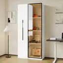 Armoire multifonctionnelle de 160 cm de hauteur – bibliothèque et meuble de présentation avec portes en verre trempé, cadres de porte en aluminium, 1 porte, 1 tiroir latéral, sur roulettes, éclairage LED – Blanc image 3