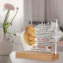 Alphynix 1 pc plaque mère-fils française, "MON FILS" cadeau en acrylique avec motif lionne et lionceau, présente des citations en lettres rouges "SI J'AVAIS...JE T'AIME" sur un socle en bois, souvenirs émotionnels de relations à distance image 7