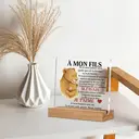 Alphynix 1 pc plaque mère-fils française, "MON FILS" cadeau en acrylique avec motif lionne et lionceau, présente des citations en lettres rouges "SI J'AVAIS...JE T'AIME" sur un socle en bois, souvenirs émotionnels de relations à distance image 8